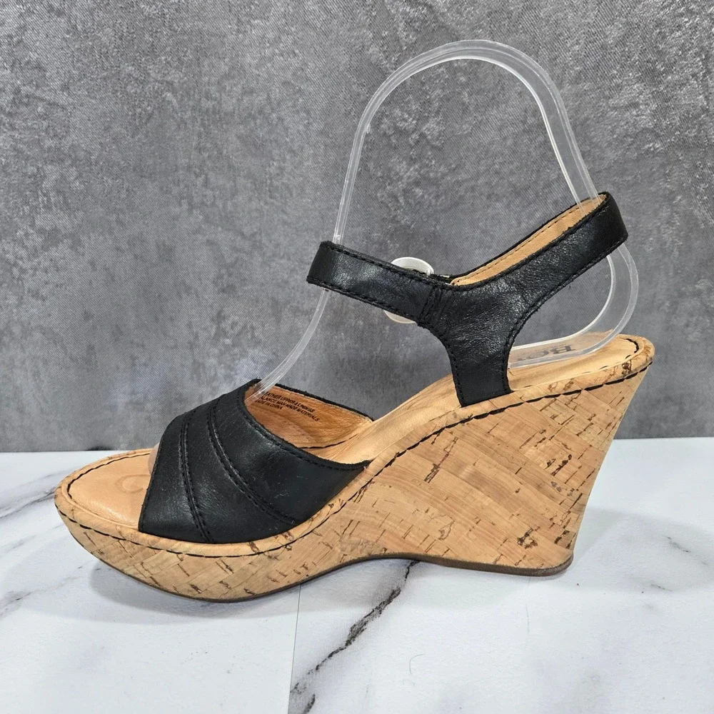 Born Womens 7 Black Leather Slingback Cork Wedge Sandals Comfort Shoes Platform